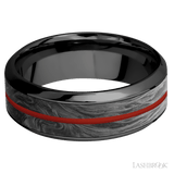 8 mm wide/High Bevel/Zirconium band featuring inlays of Forged Carbon Fiber and Red Apple
