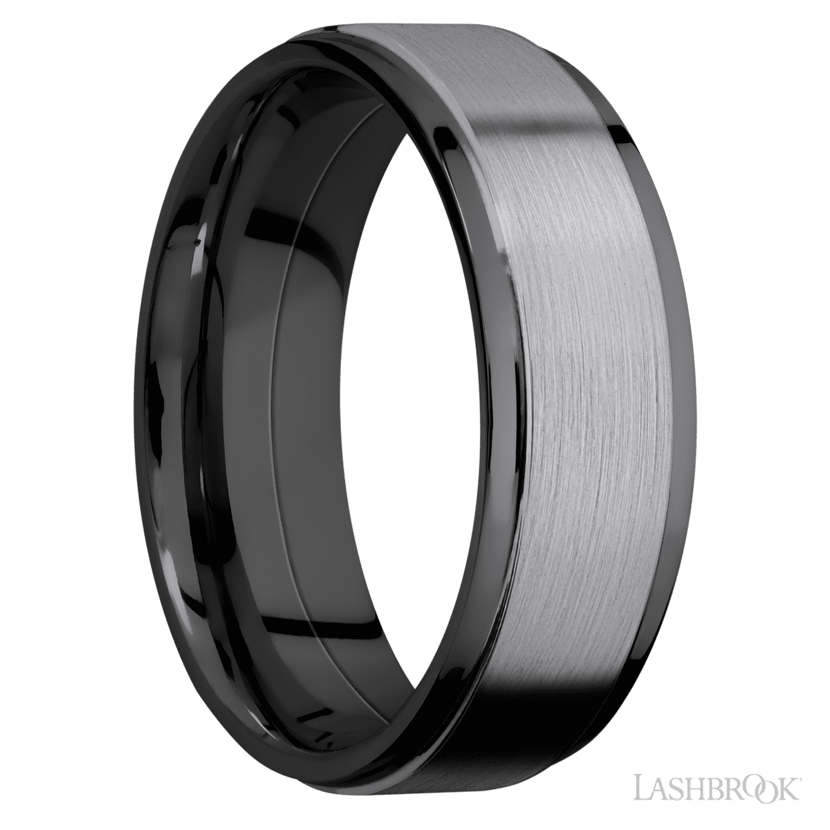 7 mm wide/Flat Grooved Edges/Zirconium band with one 5 mm Raised Centered inlay of Tantalum