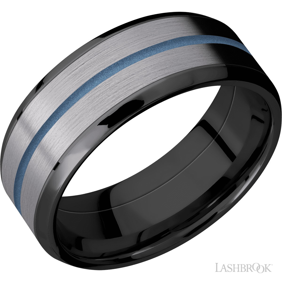 8 mm wide/Beveled/Zirconium band featuring inlays of Tantalum and Polar Blue