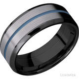 8 mm wide/Beveled/Zirconium band featuring inlays of Tantalum and Polar Blue