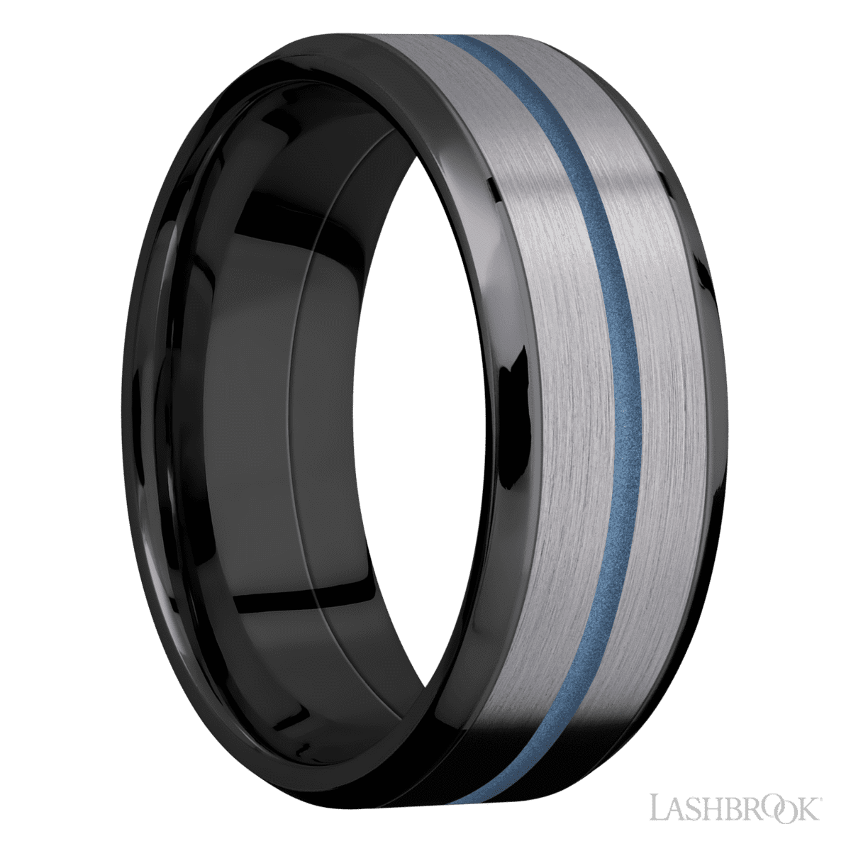 8 mm wide/Beveled/Zirconium band featuring inlays of Tantalum and Polar Blue