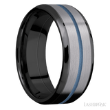8 mm wide/Beveled/Zirconium band featuring inlays of Tantalum and Polar Blue