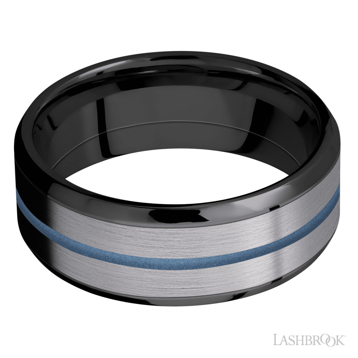 8 mm wide/Beveled/Zirconium band featuring inlays of Tantalum and Polar Blue