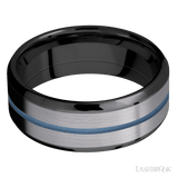 8 mm wide/Beveled/Zirconium band featuring inlays of Tantalum and Polar Blue