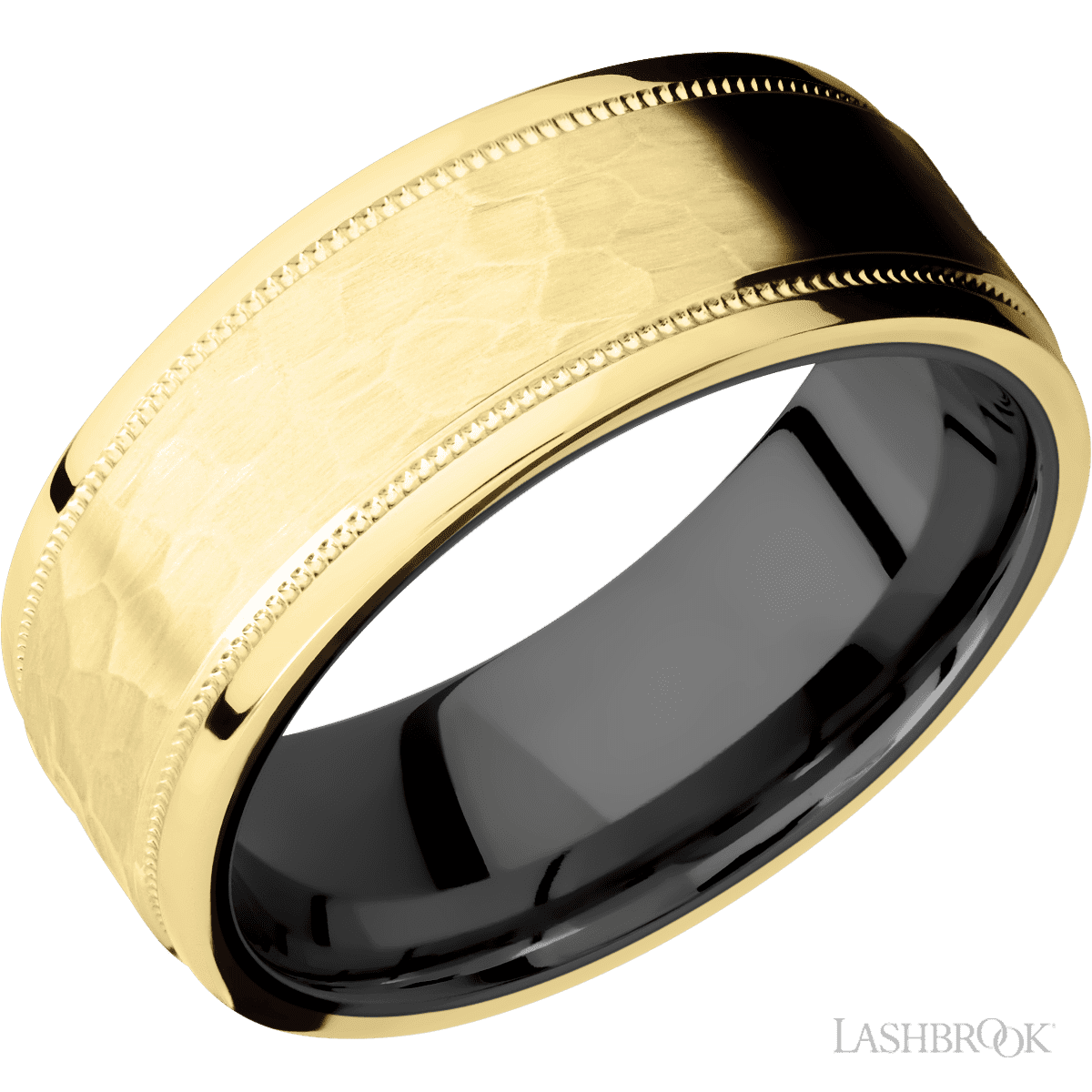 8 mm wide Flat Stepped Edges Milgrain 14K Yellow Gold band featuring a Zirconium sleeve