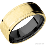 8 mm wide Flat Stepped Edges Milgrain 14K Yellow Gold band featuring a Zirconium sleeve