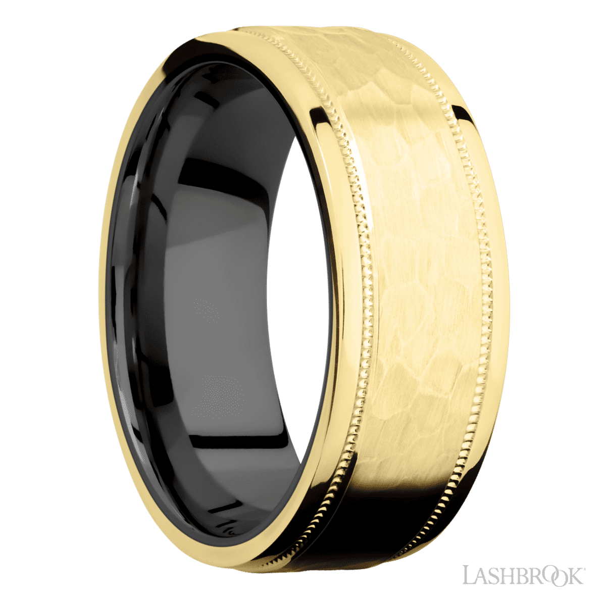 8 mm wide Flat Stepped Edges Milgrain 14K Yellow Gold band featuring a Zirconium sleeve