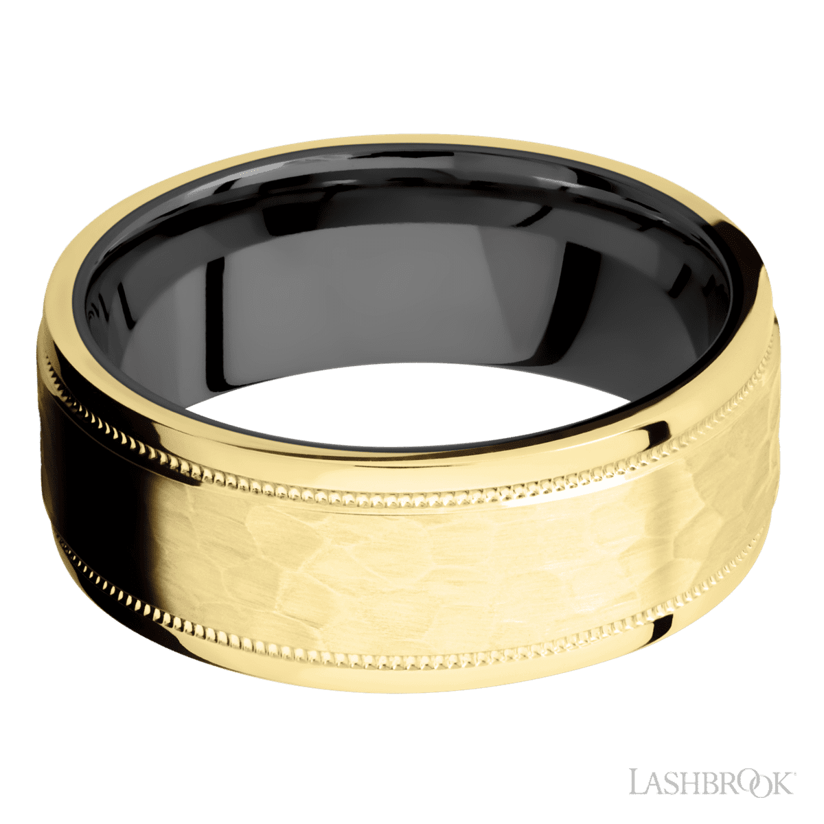 8 mm wide Flat Stepped Edges Milgrain 14K Yellow Gold band featuring a Zirconium sleeve