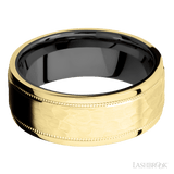 8 mm wide Flat Stepped Edges Milgrain 14K Yellow Gold band featuring a Zirconium sleeve
