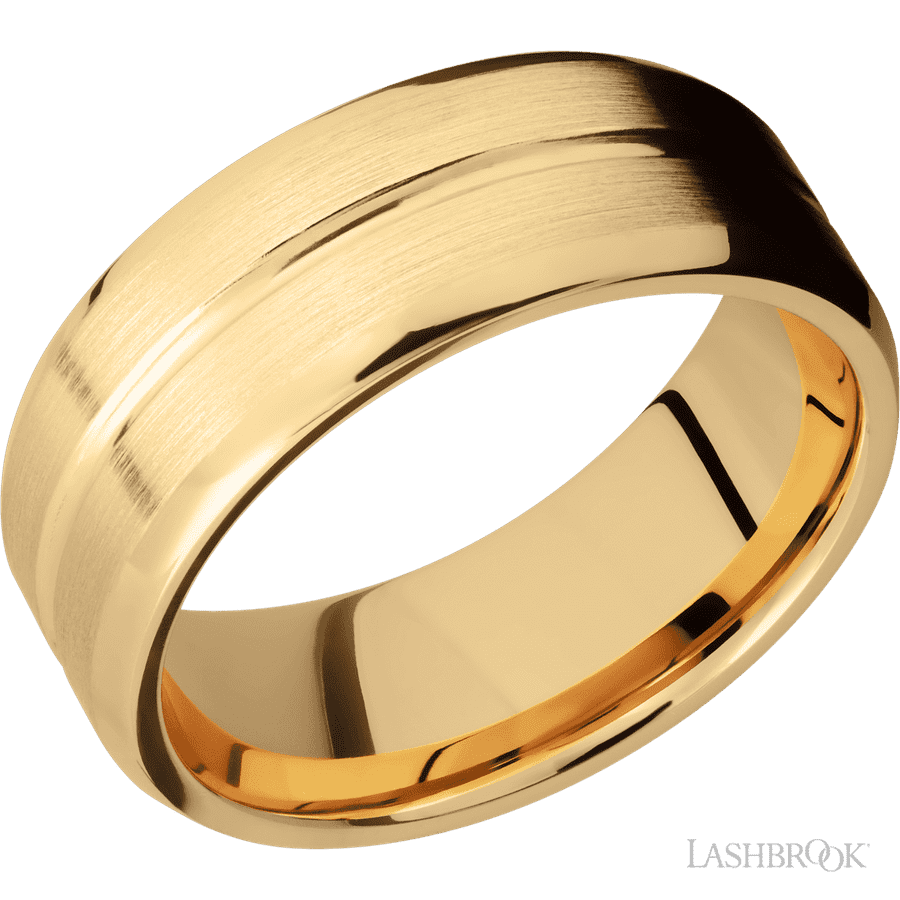 8 mm wide Beveled with Center Accent Groove 14K Yellow Gold band