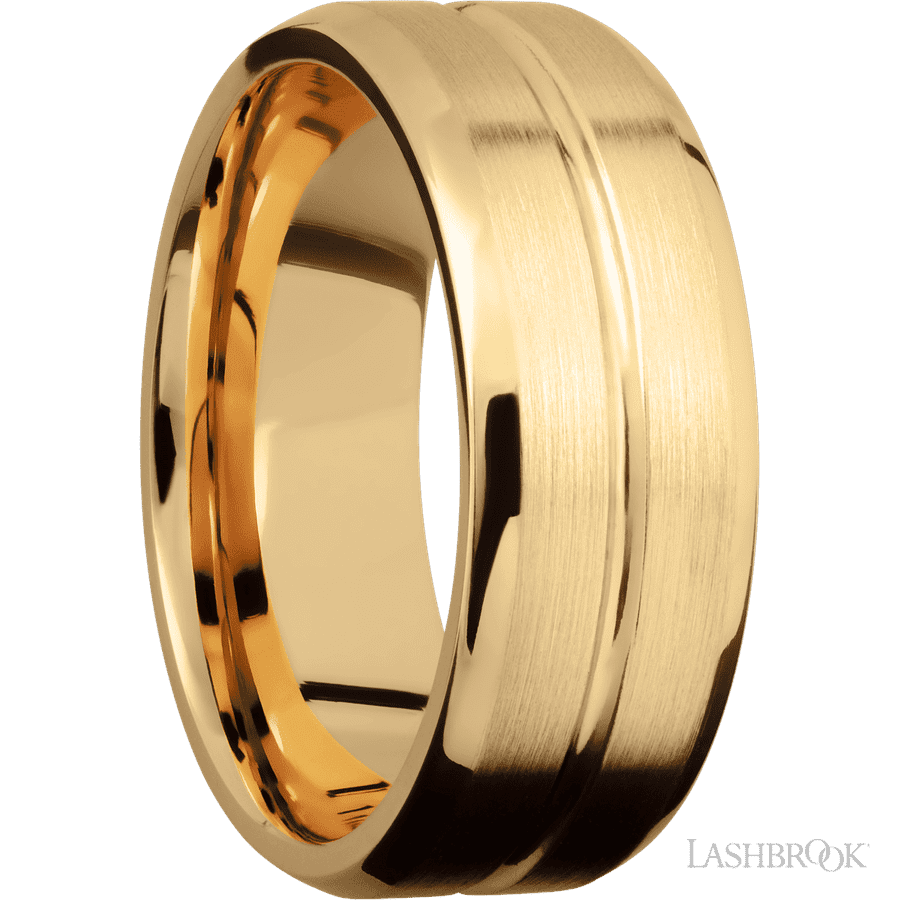 8 mm wide Beveled with Center Accent Groove 14K Yellow Gold band