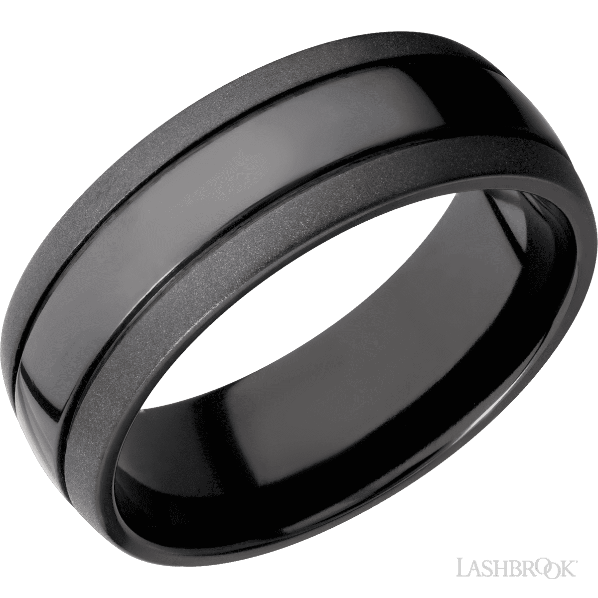 8 mm wide Domed with two accent grooves Zirconium band