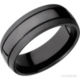 8 mm wide Domed with two accent grooves Zirconium band