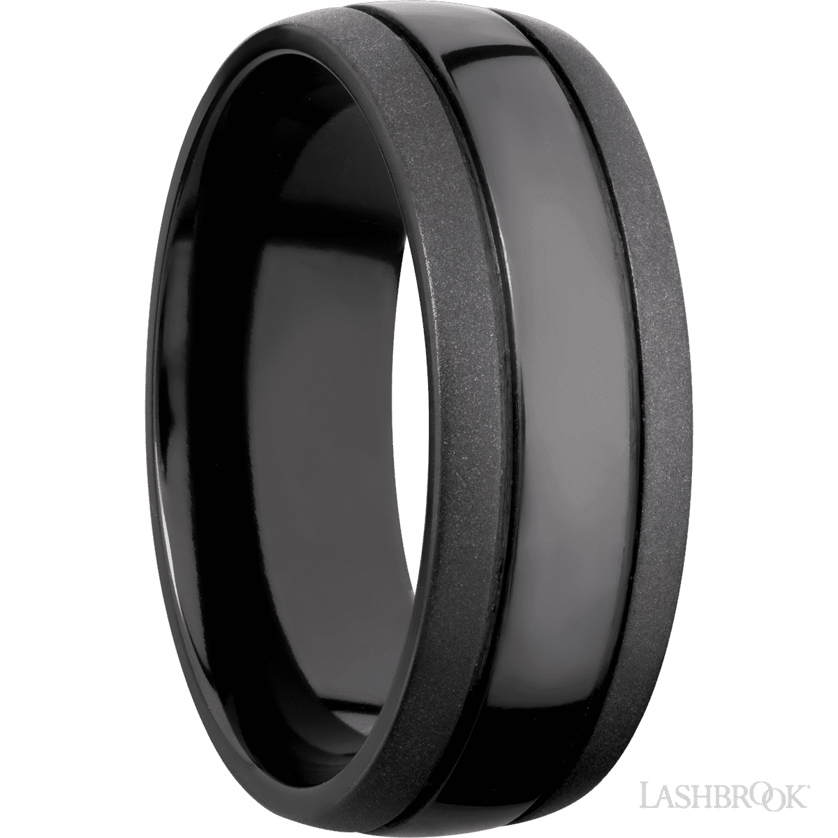 8 mm wide Domed with two accent grooves Zirconium band