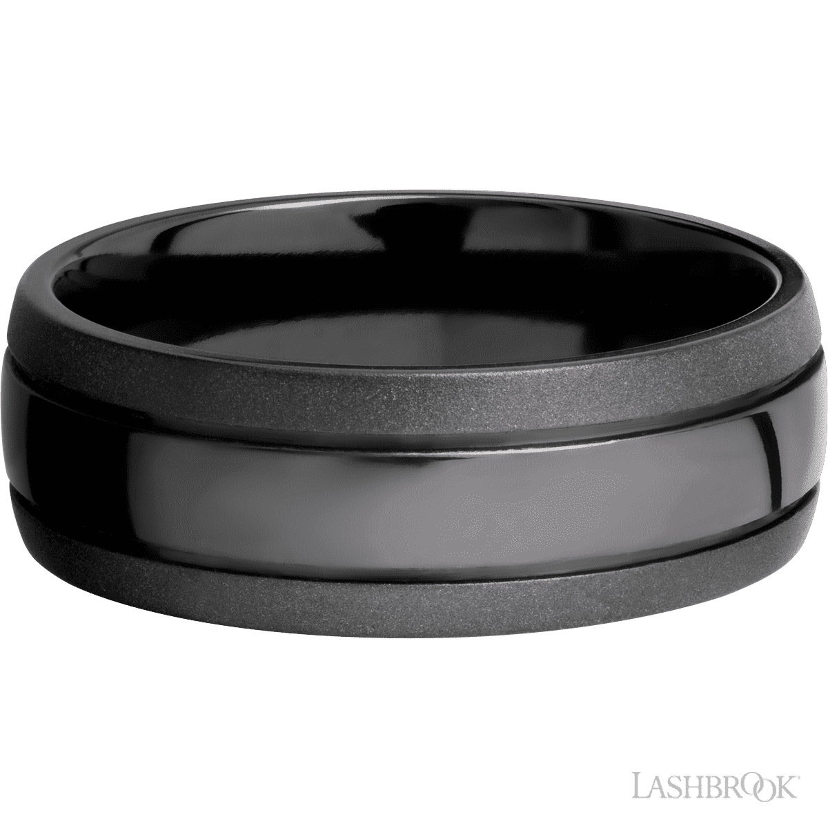 8 mm wide Domed with two accent grooves Zirconium band