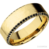 8 mm wide/High Bevel/14K Yellow Gold band with a Bevel Eternity arrangement of 01 carat Round Black Diamond stones in a Bead setting