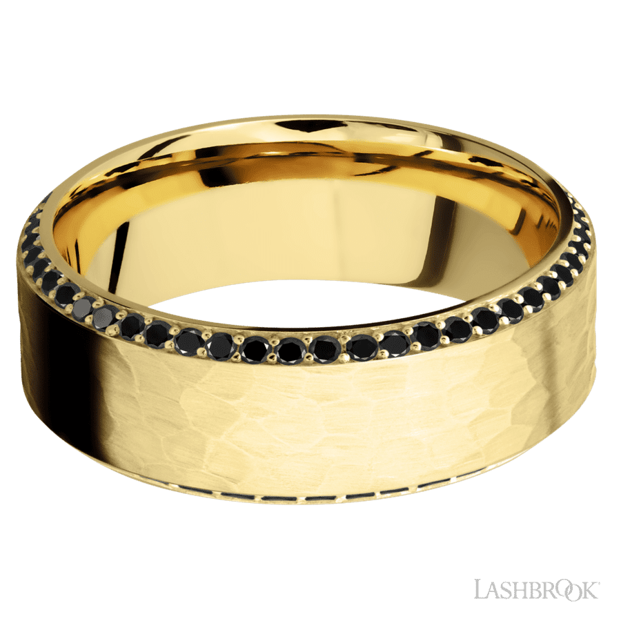 8 mm wide/High Bevel/14K Yellow Gold band with a Bevel Eternity arrangement of 01 carat Round Black Diamond stones in a Bead setting