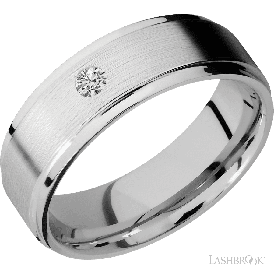 "7 mm wide/Flat Grooved Edges/14K White Gold band with an  arrangement of 1, 1 carat Round Diamond stones in a Flush setting"