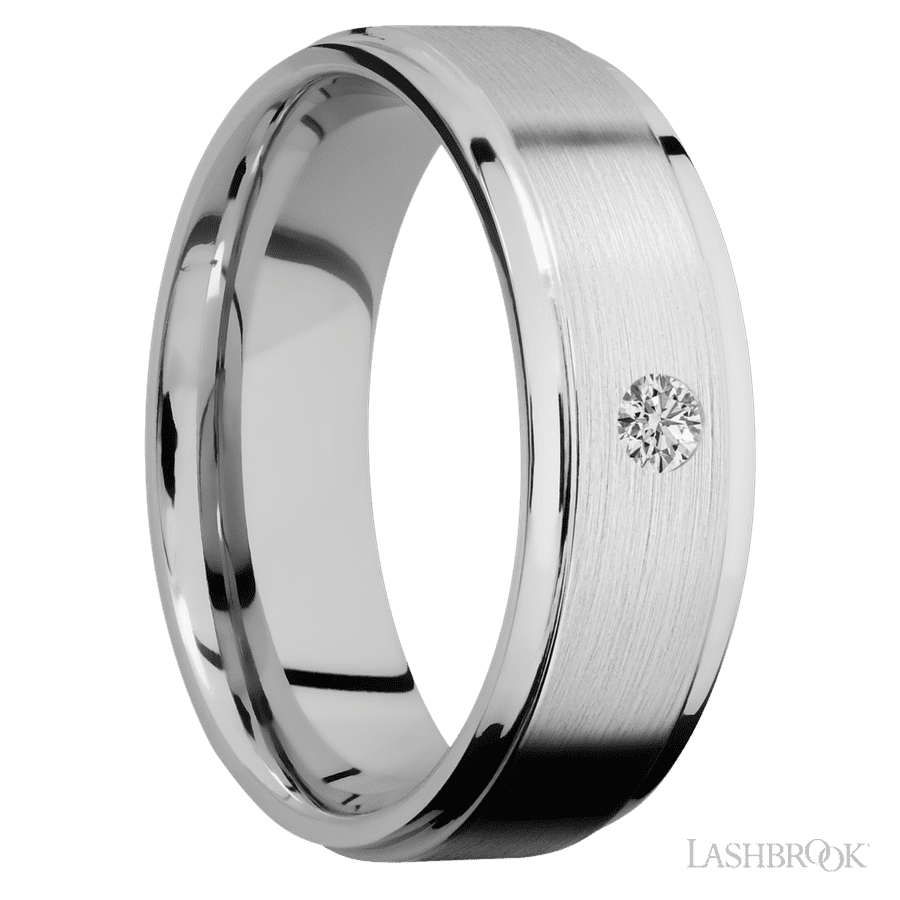 "7 mm wide/Flat Grooved Edges/14K White Gold band with an  arrangement of 1, 1 carat Round Diamond stones in a Flush setting"