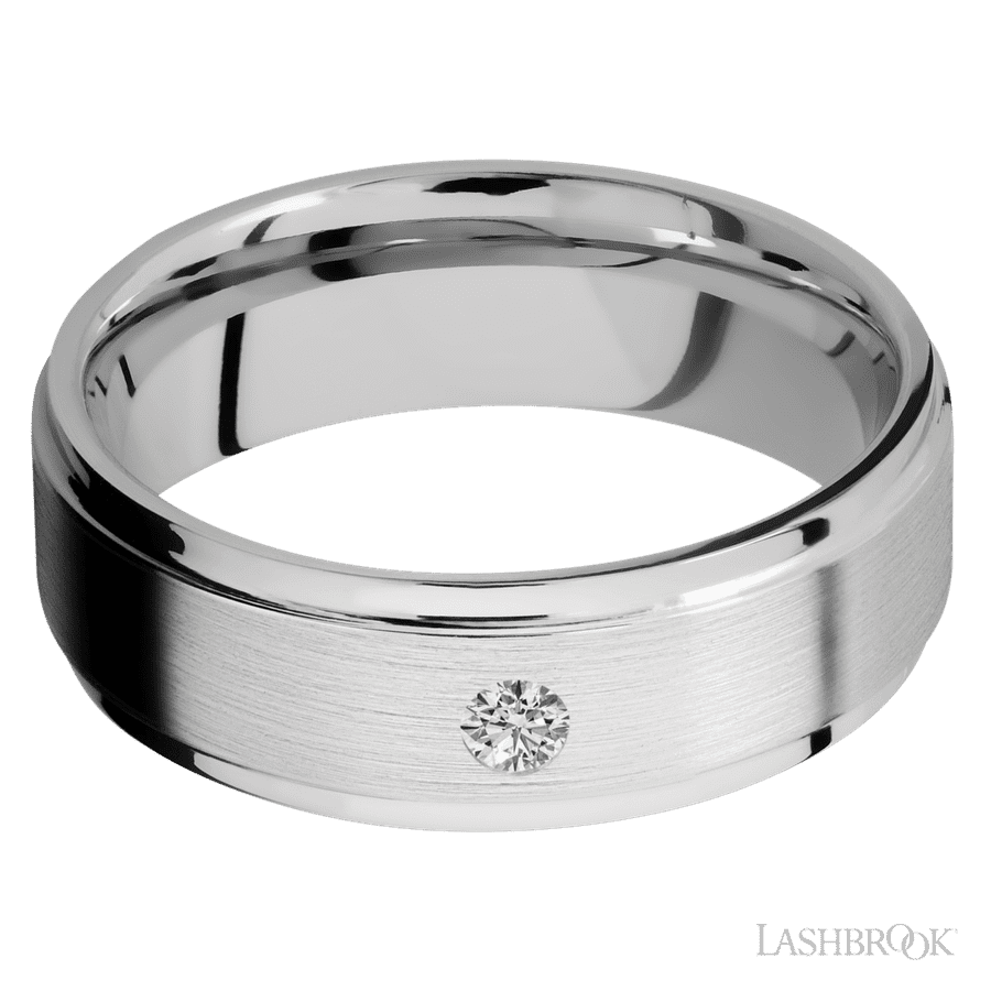 "7 mm wide/Flat Grooved Edges/14K White Gold band with an  arrangement of 1, 1 carat Round Diamond stones in a Flush setting"