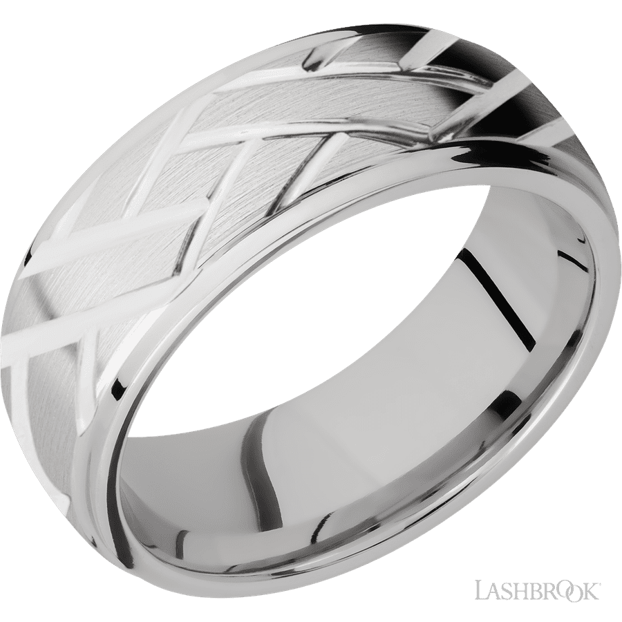 8 mm wide/Domed Stepped Down Edges/14K White Gold band with a machined Lattice pattern
