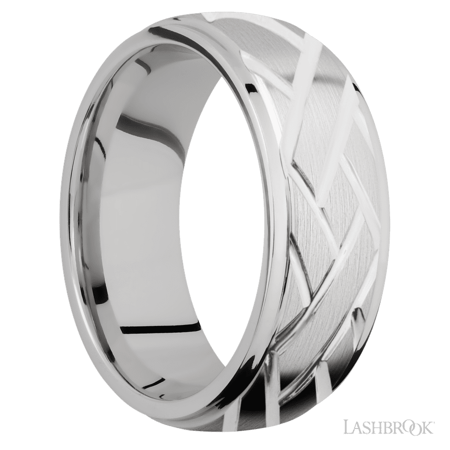 8 mm wide/Domed Stepped Down Edges/14K White Gold band with a machined Lattice pattern
