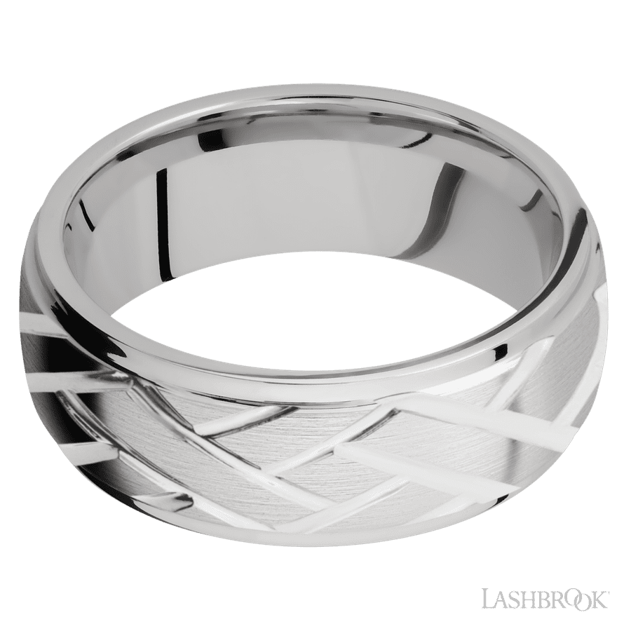 8 mm wide/Domed Stepped Down Edges/14K White Gold band with a machined Lattice pattern
