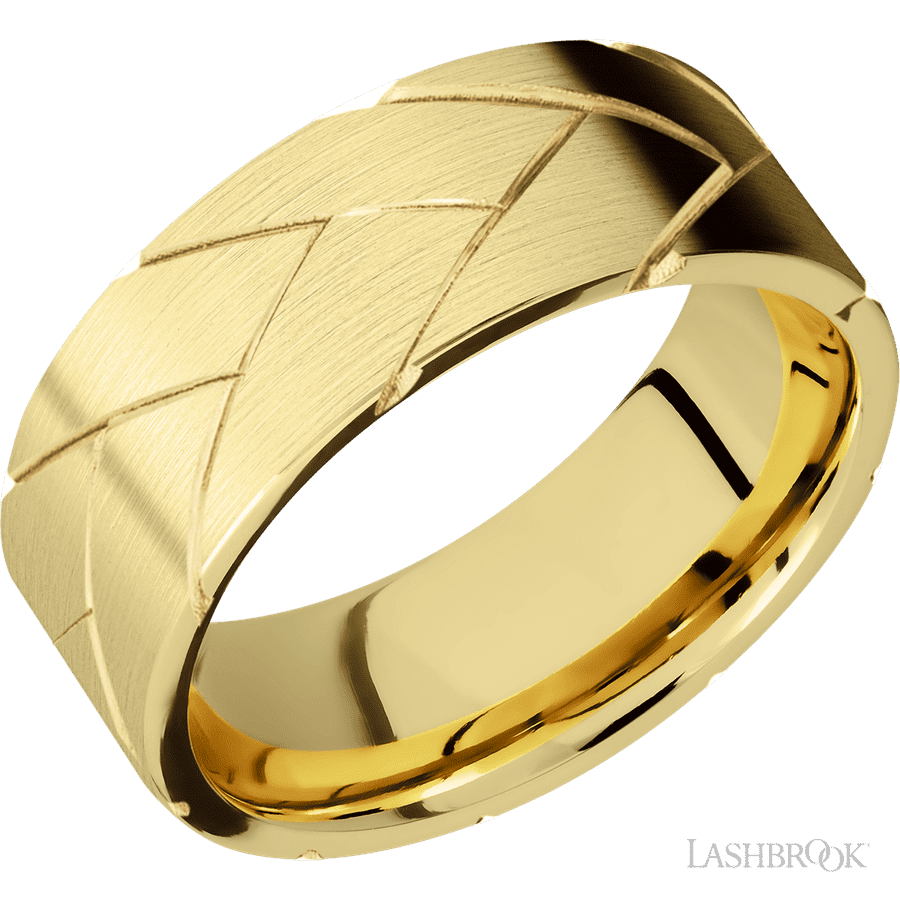 8 mm wide/Flat/14K Yellow Gold band with a machined Flatbraid pattern