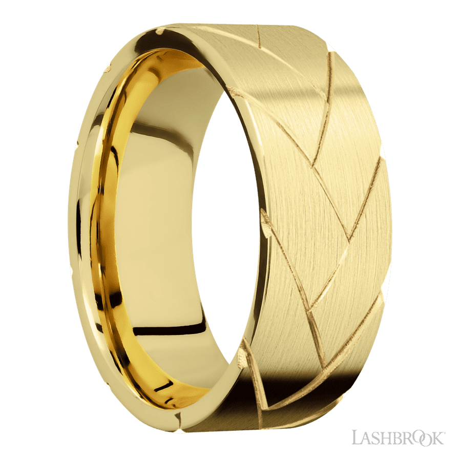 8 mm wide/Flat/14K Yellow Gold band with a machined Flatbraid pattern