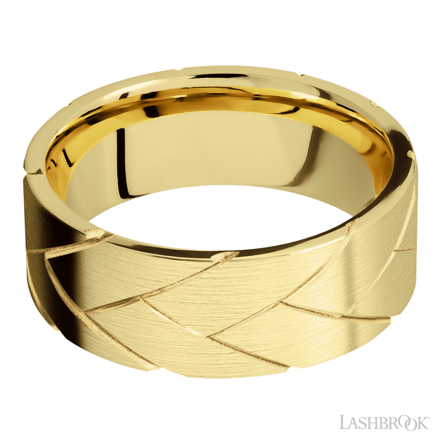 8 mm wide/Flat/14K Yellow Gold band with a machined Flatbraid pattern