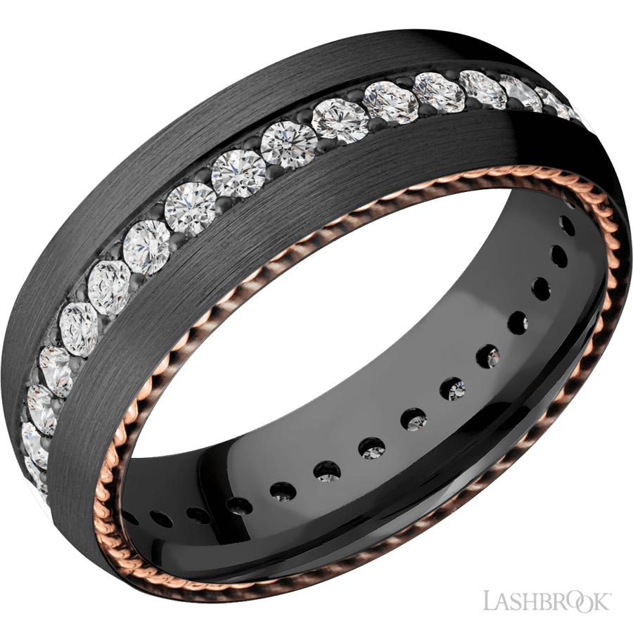 7 mm wide/Domed/Zirconium band with  two 1 mm Sidebraid inlays of 14K Rose Gold and featuring an Eternity arrangement of 03 carat Round Lab Grown Diamond stones in a Bead setting