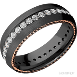 7 mm wide/Domed/Zirconium band with  two 1 mm Sidebraid inlays of 14K Rose Gold and featuring an Eternity arrangement of 03 carat Round Lab Grown Diamond stones in a Bead setting
