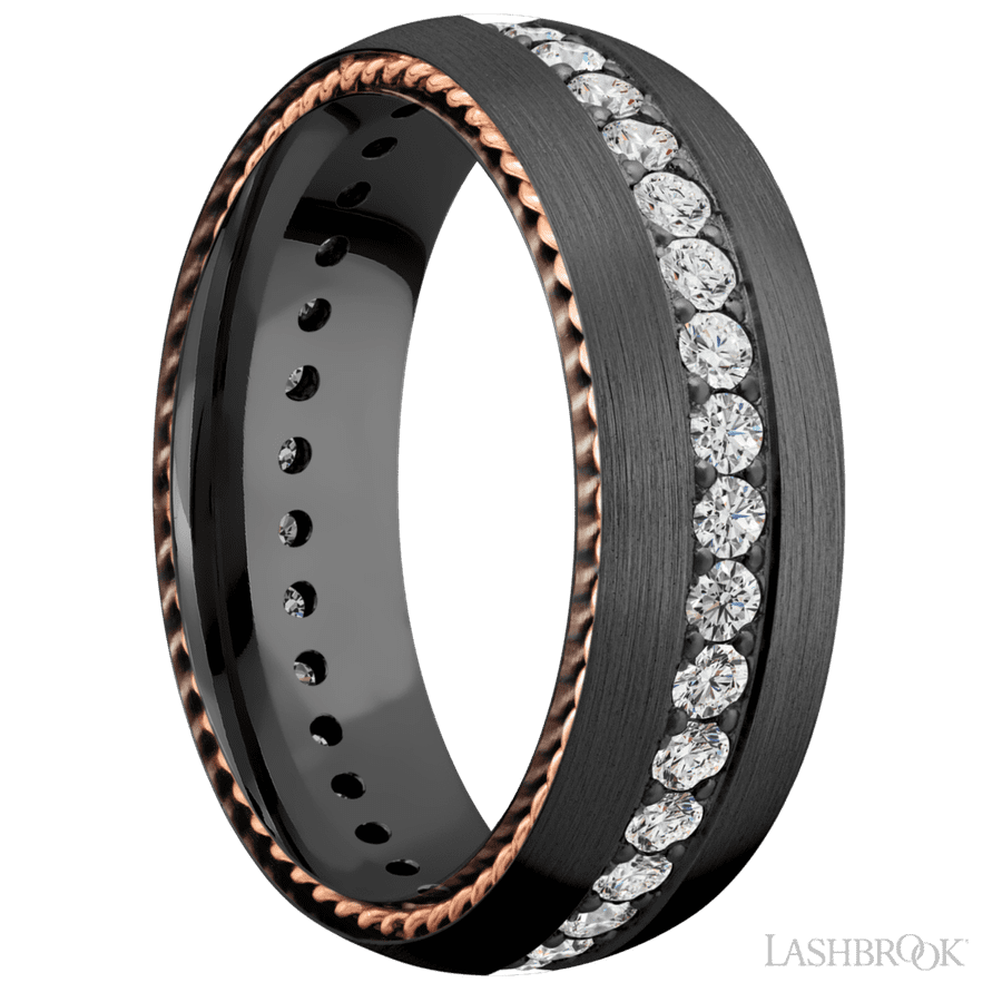 7 mm wide/Domed/Zirconium band with  two 1 mm Sidebraid inlays of 14K Rose Gold and featuring an Eternity arrangement of 03 carat Round Lab Grown Diamond stones in a Bead setting