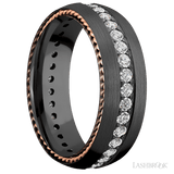 7 mm wide/Domed/Zirconium band with  two 1 mm Sidebraid inlays of 14K Rose Gold and featuring an Eternity arrangement of 03 carat Round Lab Grown Diamond stones in a Bead setting