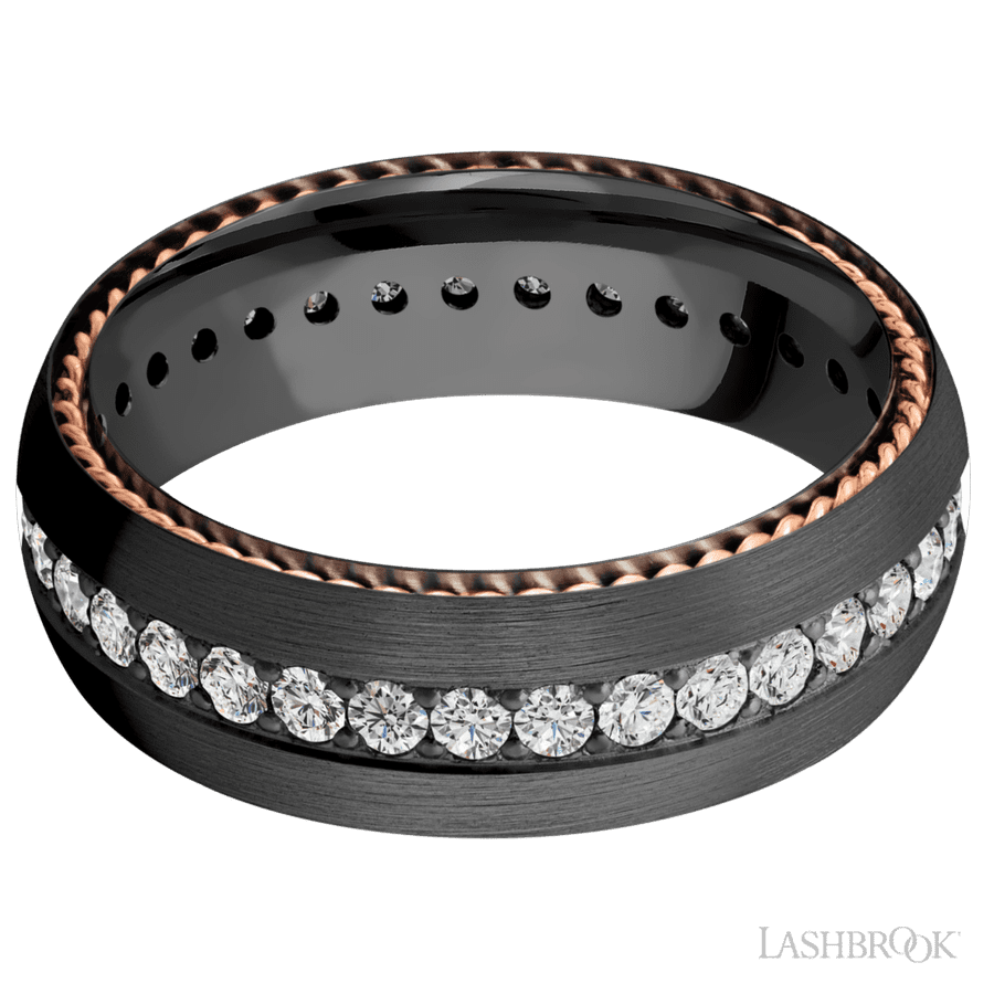 7 mm wide/Domed/Zirconium band with  two 1 mm Sidebraid inlays of 14K Rose Gold and featuring an Eternity arrangement of 03 carat Round Lab Grown Diamond stones in a Bead setting