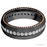 7 mm wide/Domed/Zirconium band with  two 1 mm Sidebraid inlays of 14K Rose Gold and featuring an Eternity arrangement of 03 carat Round Lab Grown Diamond stones in a Bead setting