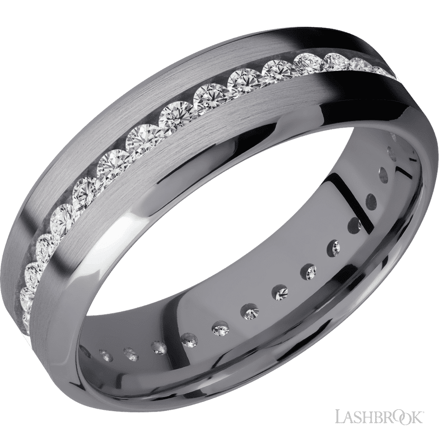 7 mm wide/High Bevel/Tantalum band with an Eternity arrangement of 03 carat Round Lab Grown Diamond stones in a Channel setting