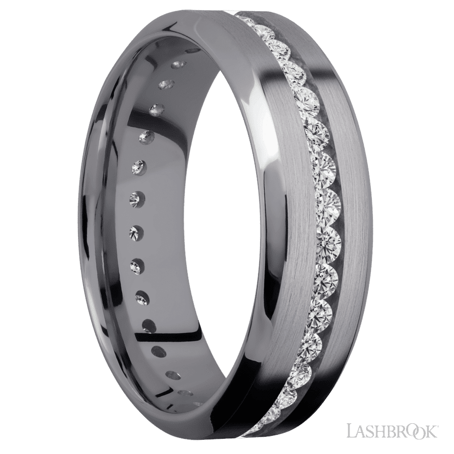 7 mm wide/High Bevel/Tantalum band with an Eternity arrangement of 03 carat Round Lab Grown Diamond stones in a Channel setting