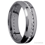 7 mm wide/High Bevel/Tantalum band with an Eternity arrangement of 03 carat Round Lab Grown Diamond stones in a Channel setting
