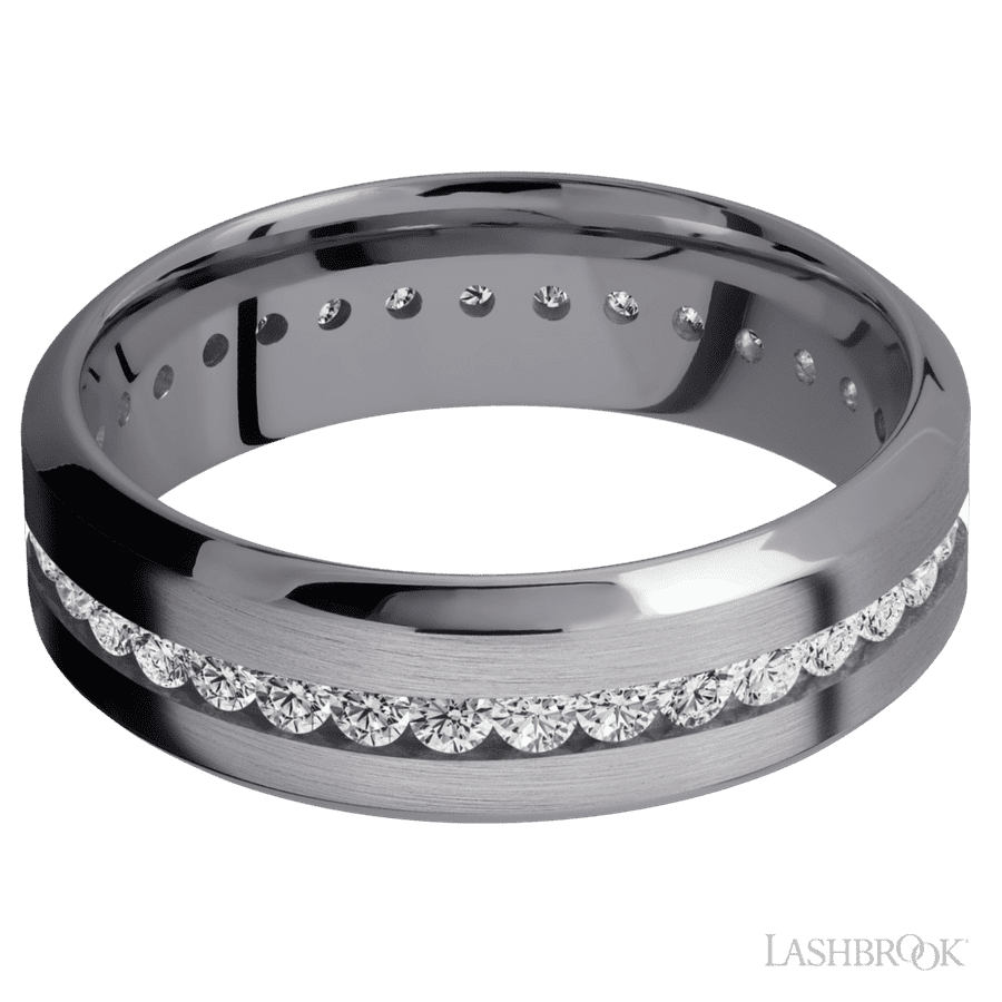 7 mm wide/High Bevel/Tantalum band with an Eternity arrangement of 03 carat Round Lab Grown Diamond stones in a Channel setting