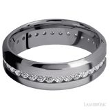 7 mm wide/High Bevel/Tantalum band with an Eternity arrangement of 03 carat Round Lab Grown Diamond stones in a Channel setting