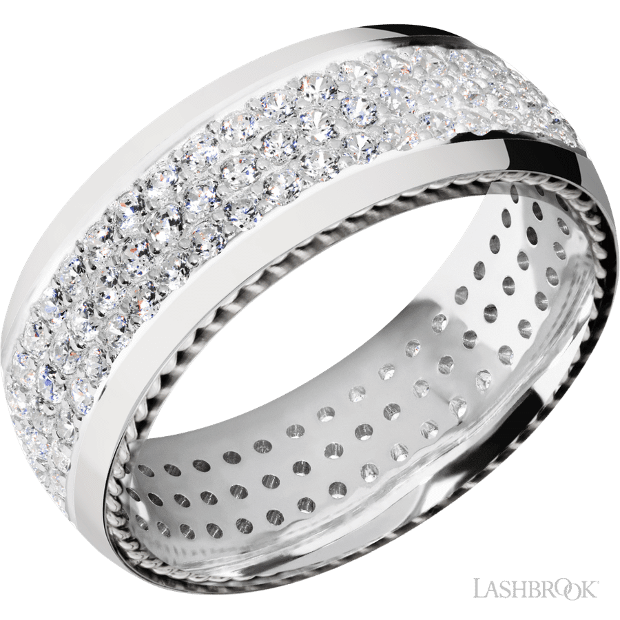 8 mm wide/Domed/14K White Gold band with  two 1 mm Sidebraid inlays of 14K White Gold and featuring a 3 Row Eternity arrangement of 015 carat Round Diamond stones in a Bead Channel setting