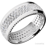 8 mm wide/Domed/14K White Gold band with  two 1 mm Sidebraid inlays of 14K White Gold and featuring a 3 Row Eternity arrangement of 015 carat Round Diamond stones in a Bead Channel setting