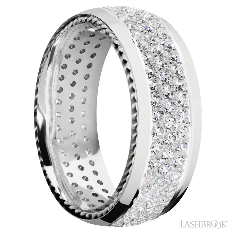 8 mm wide/Domed/14K White Gold band with  two 1 mm Sidebraid inlays of 14K White Gold and featuring a 3 Row Eternity arrangement of 015 carat Round Diamond stones in a Bead Channel setting