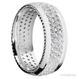 8 mm wide/Domed/14K White Gold band with  two 1 mm Sidebraid inlays of 14K White Gold and featuring a 3 Row Eternity arrangement of 015 carat Round Diamond stones in a Bead Channel setting