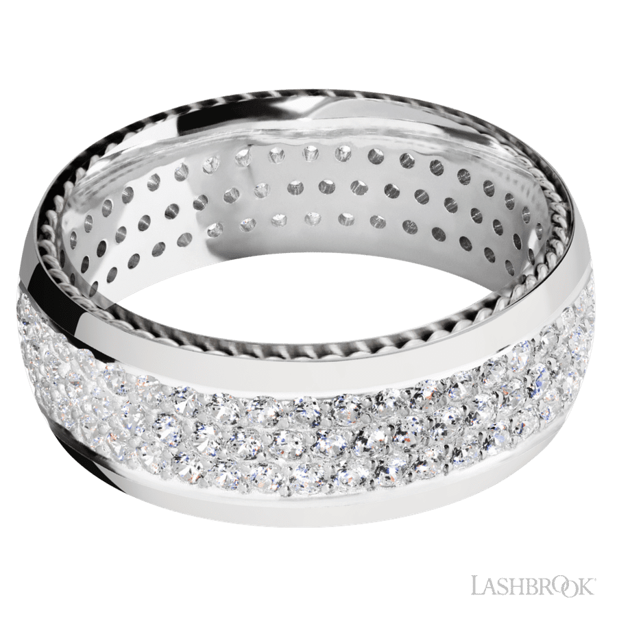 8 mm wide/Domed/14K White Gold band with  two 1 mm Sidebraid inlays of 14K White Gold and featuring a 3 Row Eternity arrangement of 015 carat Round Diamond stones in a Bead Channel setting