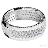 8 mm wide/Domed/14K White Gold band with  two 1 mm Sidebraid inlays of 14K White Gold and featuring a 3 Row Eternity arrangement of 015 carat Round Diamond stones in a Bead Channel setting