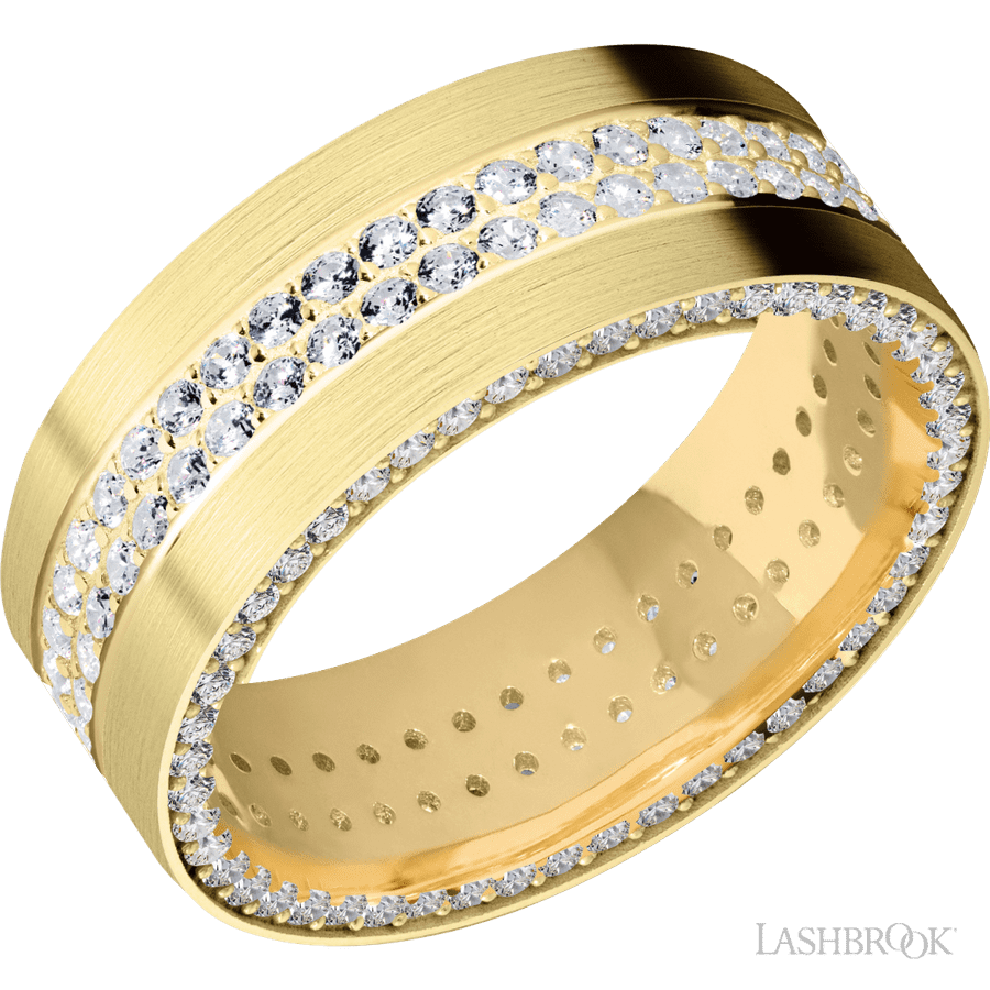 8 mm wide/Flat/14K Yellow Gold band with a Side Eternity arrangement of 01 carat Round Diamond stones in a Bead Channel setting and featuring a a 2 Row Eternity arrangement of 015 carat Round Diamond stones in a Bead Channel setting