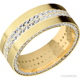 8 mm wide/Flat/14K Yellow Gold band with a Side Eternity arrangement of 01 carat Round Diamond stones in a Bead Channel setting and featuring a a 2 Row Eternity arrangement of 015 carat Round Diamond stones in a Bead Channel setting