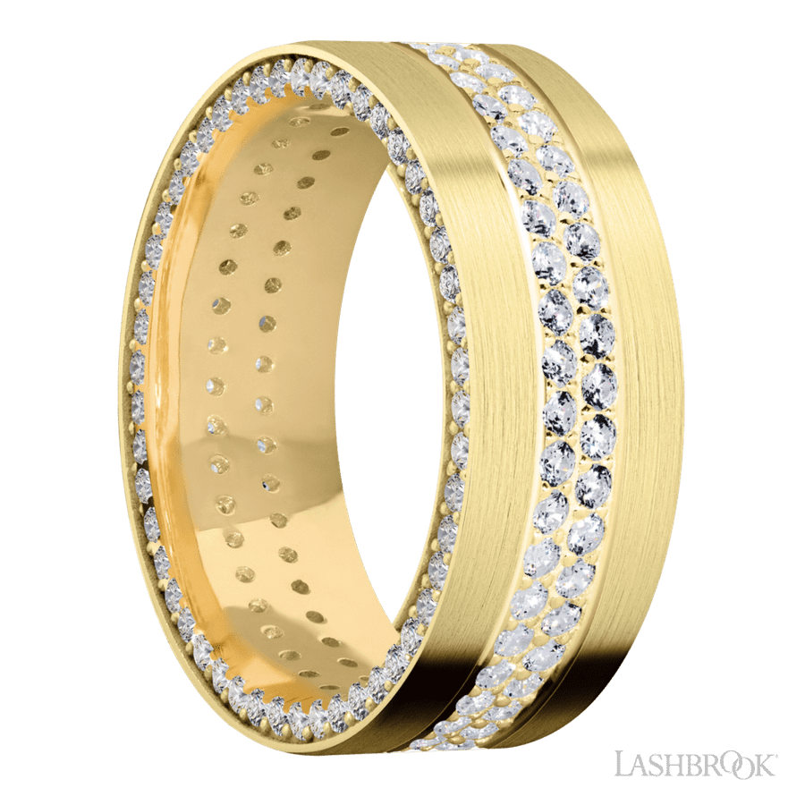 8 mm wide/Flat/14K Yellow Gold band with a Side Eternity arrangement of 01 carat Round Diamond stones in a Bead Channel setting and featuring a a 2 Row Eternity arrangement of 015 carat Round Diamond stones in a Bead Channel setting